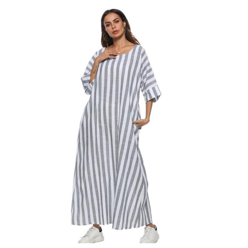 

2020 Fashion Women Three -sleeve Large Seam Striped Dress Spring Interim Cotton Linen Loose Robe Long Shirt Femininas Hc141, As the picture