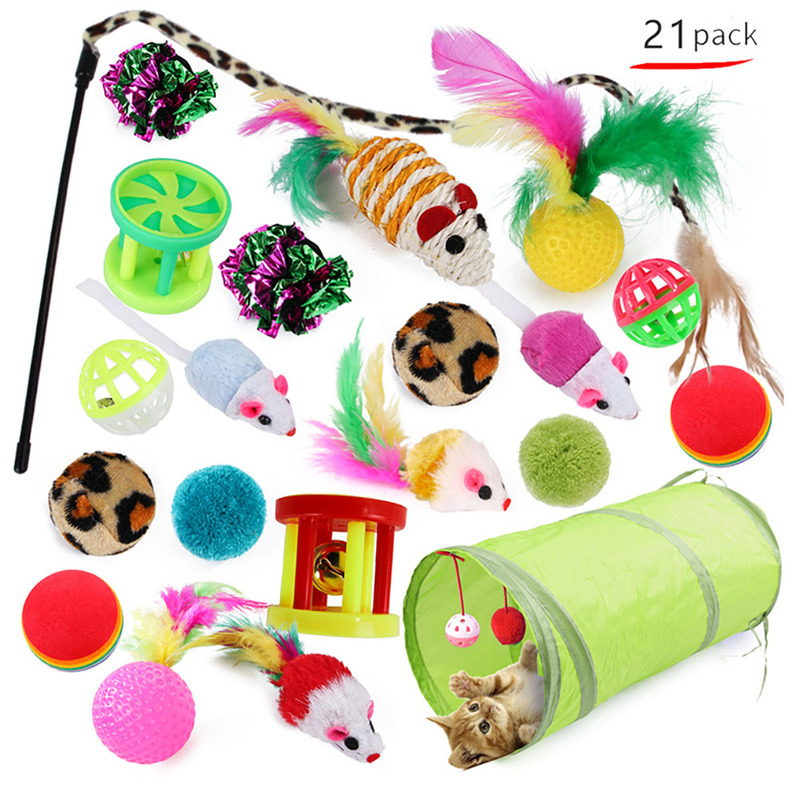

New 21 Cat Toys Kitten Toys Assortments Tunnel Cat Feather Teaser Wand Interactive Feather Toy Fluffy Mouse Crinkle Balls