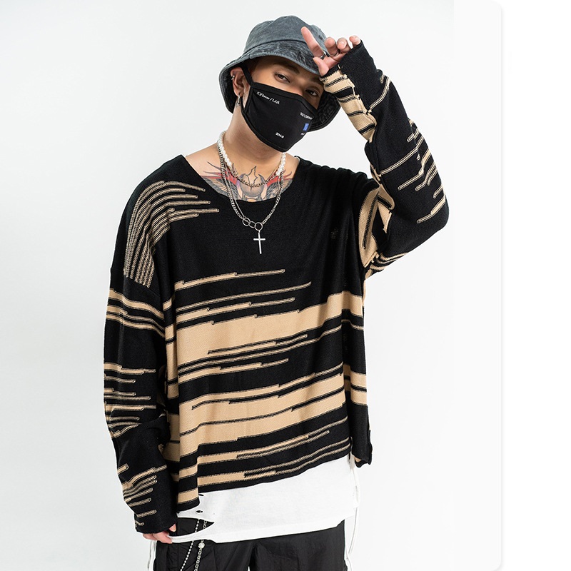 

ICPANS 2020 Fashion Hip Sweater for Man Geometric Striped Oversize Style Streetwear for me Pullover Knitted Sweaters, Lf42 white