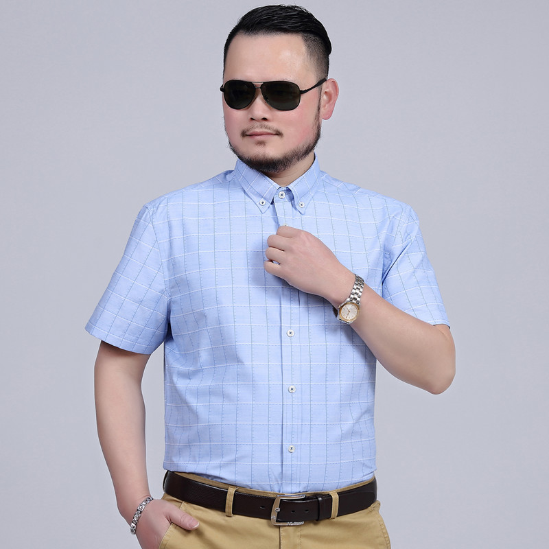 

Smart Casual Stylish Plain Fitted Men Shirt Fashion Checkerboard Dress Shirt Short Sleeve Turn-down Collar Camisa Masculina, Blue