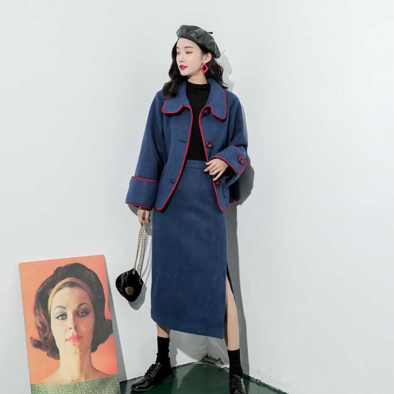 

Vintage Women Wool Blends Wind Little Short  Outfit Coats Outerwear Blue Coat 2256, Blue coat skirt