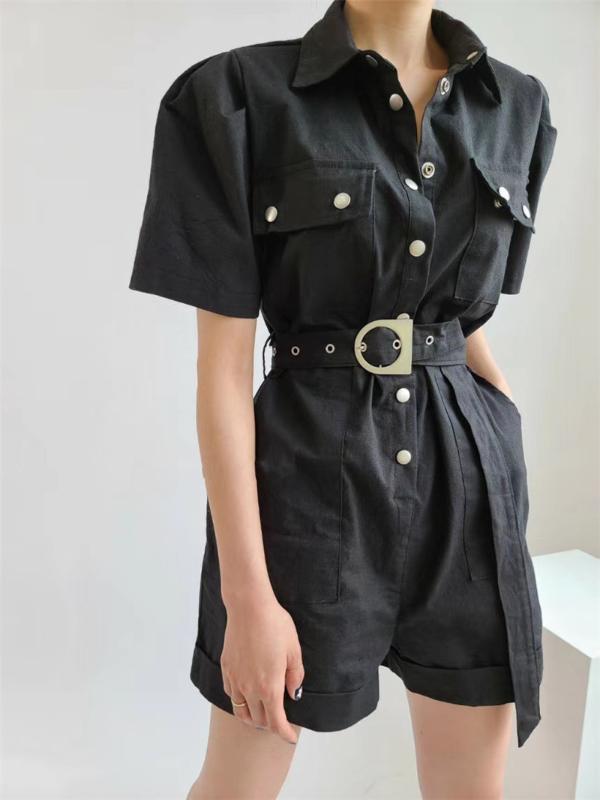 

2020 New Arrivals Solid Rompers with Pocket & Belt for Ladies Single-breasted Female Jumpsuit Fashion Chic Women's Pants, Black
