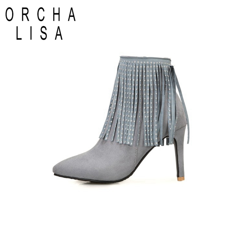 

ORCHA LISA Winter Mid-Calf boots Pointed toe Thin heel Cow Suede Zipper Fringe Bling Big size 34-48 Black White Grey Date C2020, Grey velvet