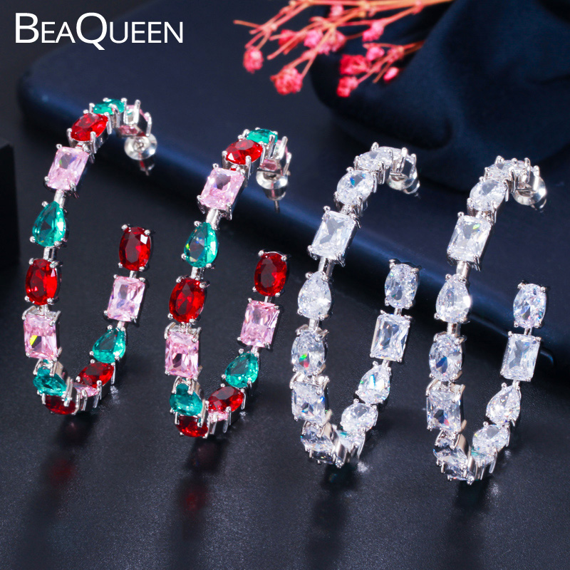 

BeaQueen Sparkly Multi Color Cubic Zirconia Big Round Women Hoop Earrings Square Oval Water Drop CZ Crystal Ear Jewelry E408