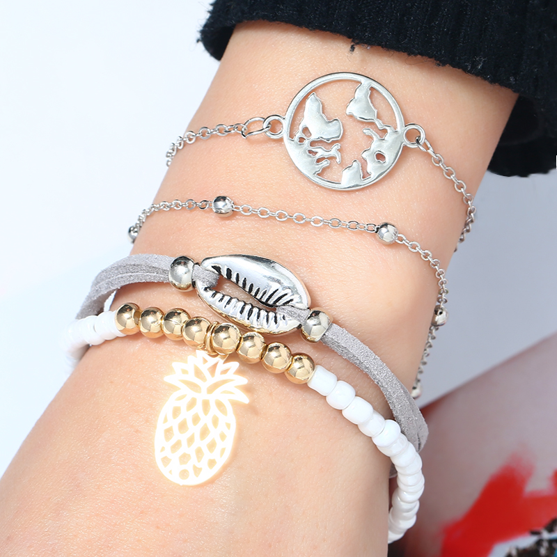 

4Pcs/lot Fashion Boho Bracelets Women Couple Bracelet Set Shell Pineapple Hand Chains Jewelry Hand Accessories Gift