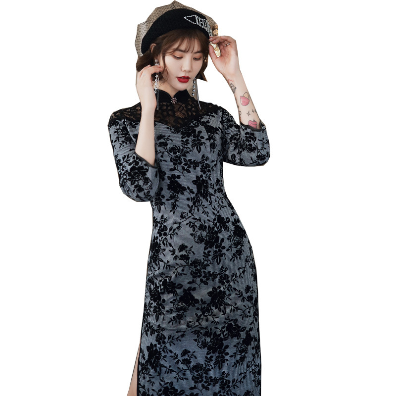 

Improved cheongsam 2020 autumn and winter new knitted lace burning cheongsam Chinese retro improved dress qipao
