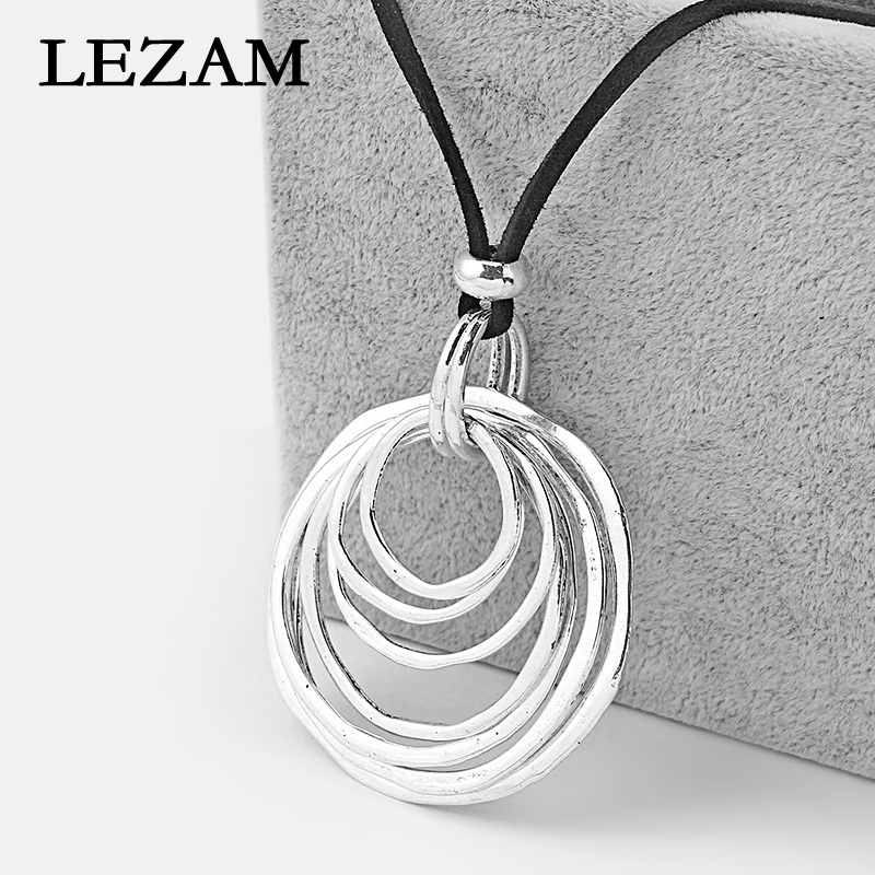 

1pcs Fashion Necklace Boho Bohemia Multi-Circle Lagenlook Pendant Black Long Faux Velet Suede Cord Sweater Necklace Jewelry