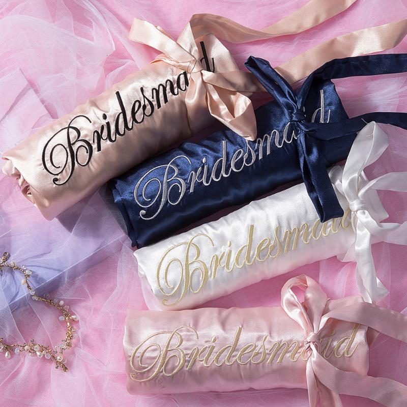 

Embroidery Satin Loose Kimono Bathrobe Gown Letter Bride Bridesmaid Wedding Robe Sexy Sleepwear Intimate Lingerie Nightwear, Navy blue bride