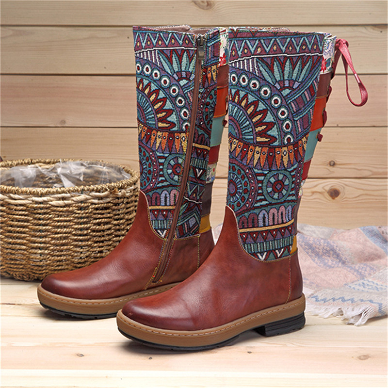 

Shoes women boots autumn winter lace up knee high boots print platform western punk vintage riding big size zapatos, Blue