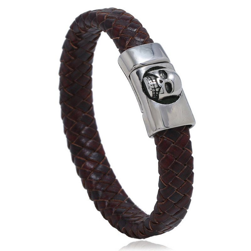 

Punk Men Jewelry Black Brown Braided Leather Bracelet Stainless Steel Magnetic Clasp Fashion Bangle Gothic Skull Wristband Gift