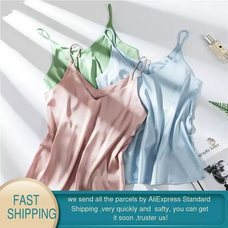 

Two-sided V wearable satin imitation silk sling yoga vest women' short loose outer wear inner large size blouse bottoming shirt, Black