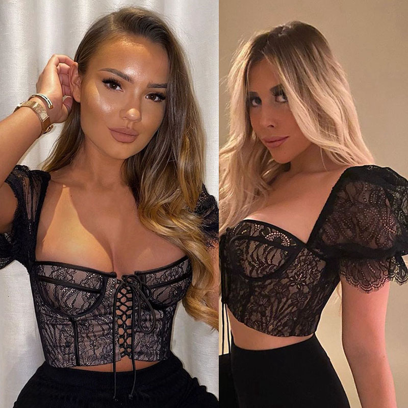 

Stretch Lace Corset Top Embroidered Sexy Blouse See Through Underwire Blouses Billowy Sleeve Crop Top, Black