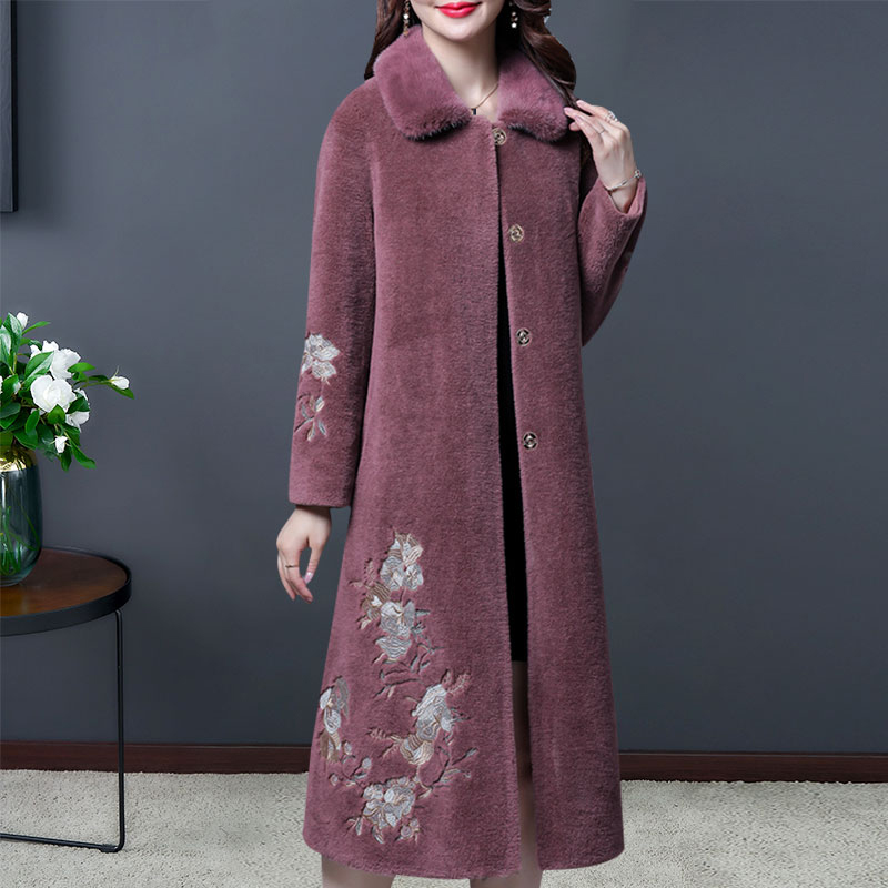

Winter Fall Women Female Beige Green Embroidery Faux Lamb Fur Loose Coat , Overcoat for Woman , Womens PurpleThick Coats