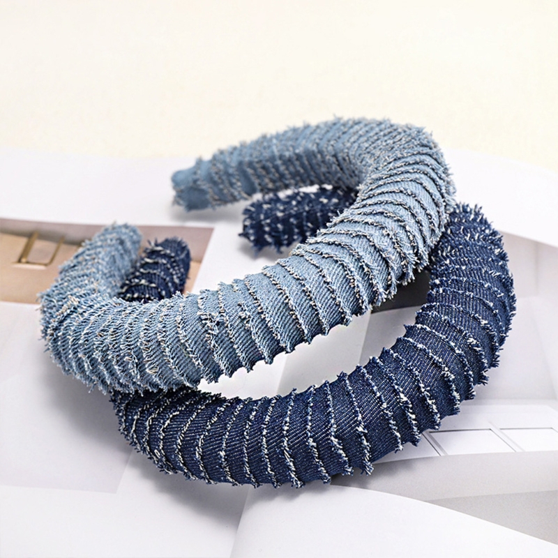 

Women Vintage Tassels Striped Denim Headband Thick Sponge Padded Wide Hair Hoop