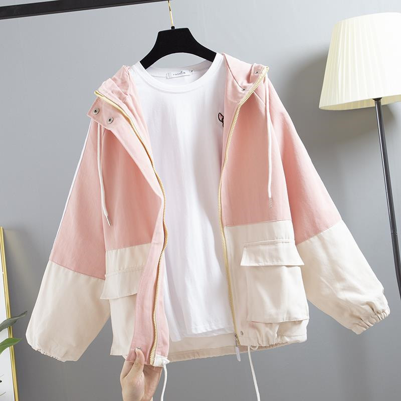 

2020 Autumn Women Jacket Long Sleeve Casual Hooded Coat Korean Style Harajuku Female Windbreaker Loose Patchwork Jackets P737, Pink