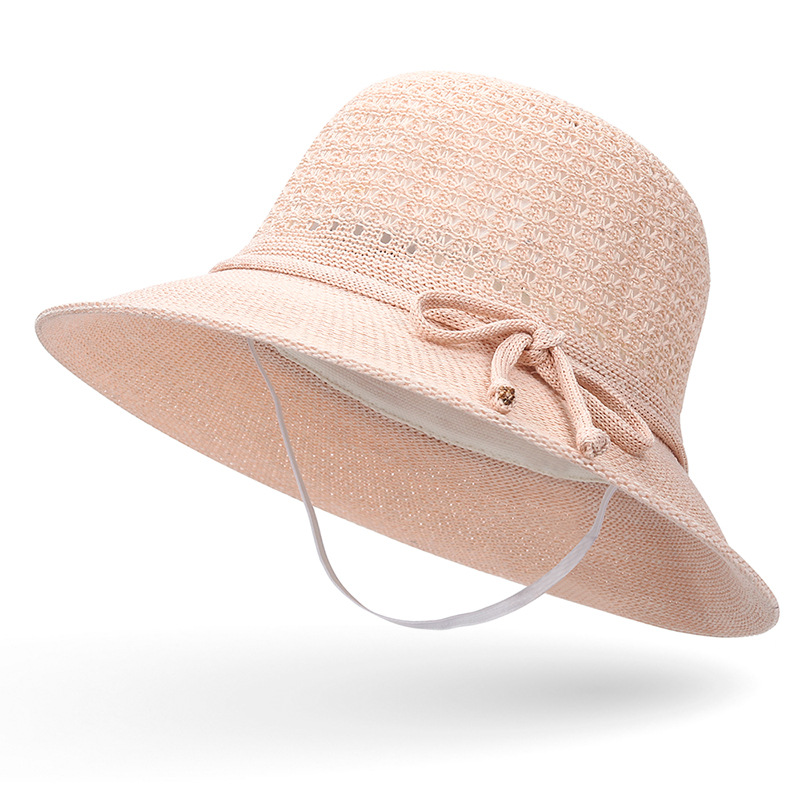

Women's Campaniform Knit Sun Hat with Hollow crown Chin strap Sunscreen Beach Boonie Hat Elegant Summer Fedoras Tourism Anti-UV, Brown