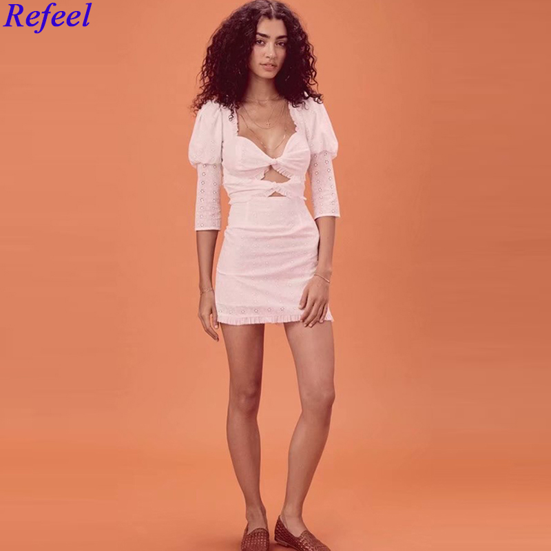 

Vintgae white short party dress hollow out backless lantern sleeve hight waist women dress elegant 2020 summer blogger style, As pic