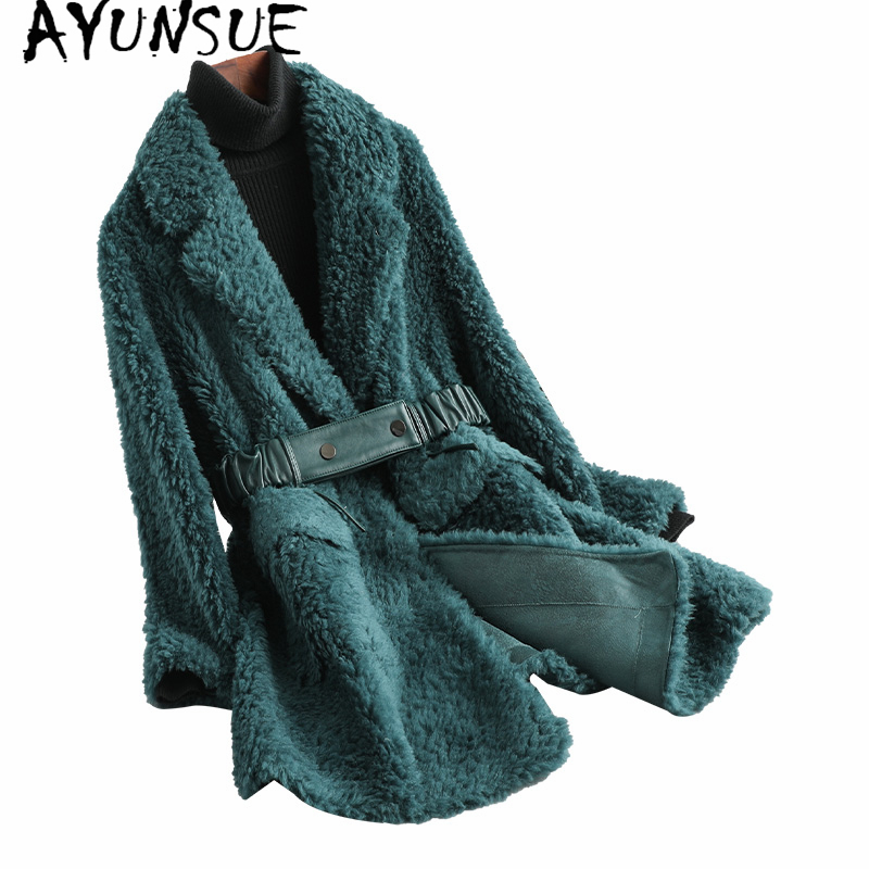 

AYUNSUE 100% Real Fur Coat Female Sheep Shearling Jacket Women' Fur Coat 2020 Elegant Long Wool Coats and Jackets Abrigo 19104, Green