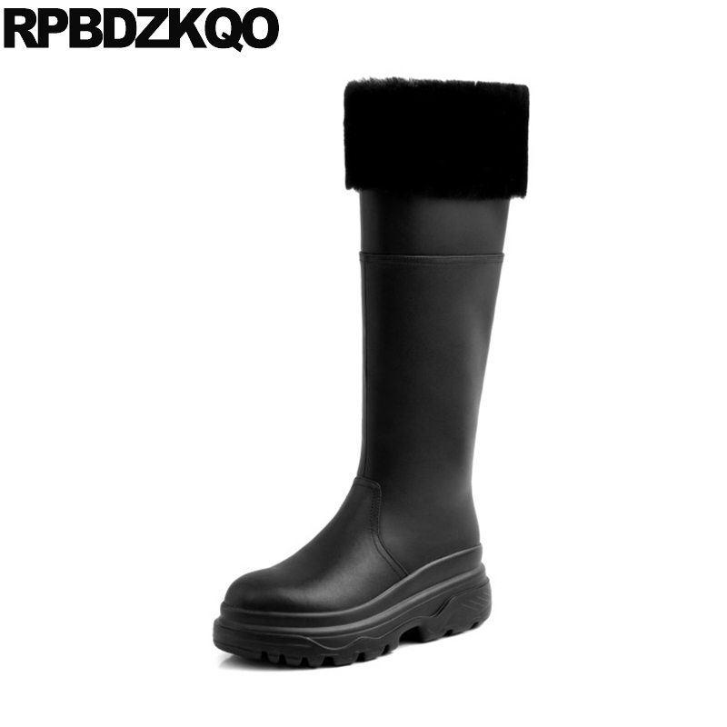 

ladies women boots winter 2020 fur long genuine leather round toe knee high quality platform shoes black custom heel tall wedge
