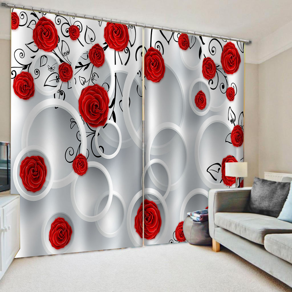 

Home Decoration Blackout 3D Curtain stereoscopic lifelike 2 Panel/Set 3D Window Curtains red rose curtains