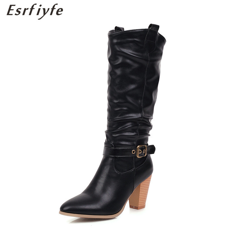 

ESRFIYFE 2020 New Autumn Winter Western Boots Women Zipper Chunky High Heels Knee High Boots Pointed Toe Long Shoes Lady Black, Beige