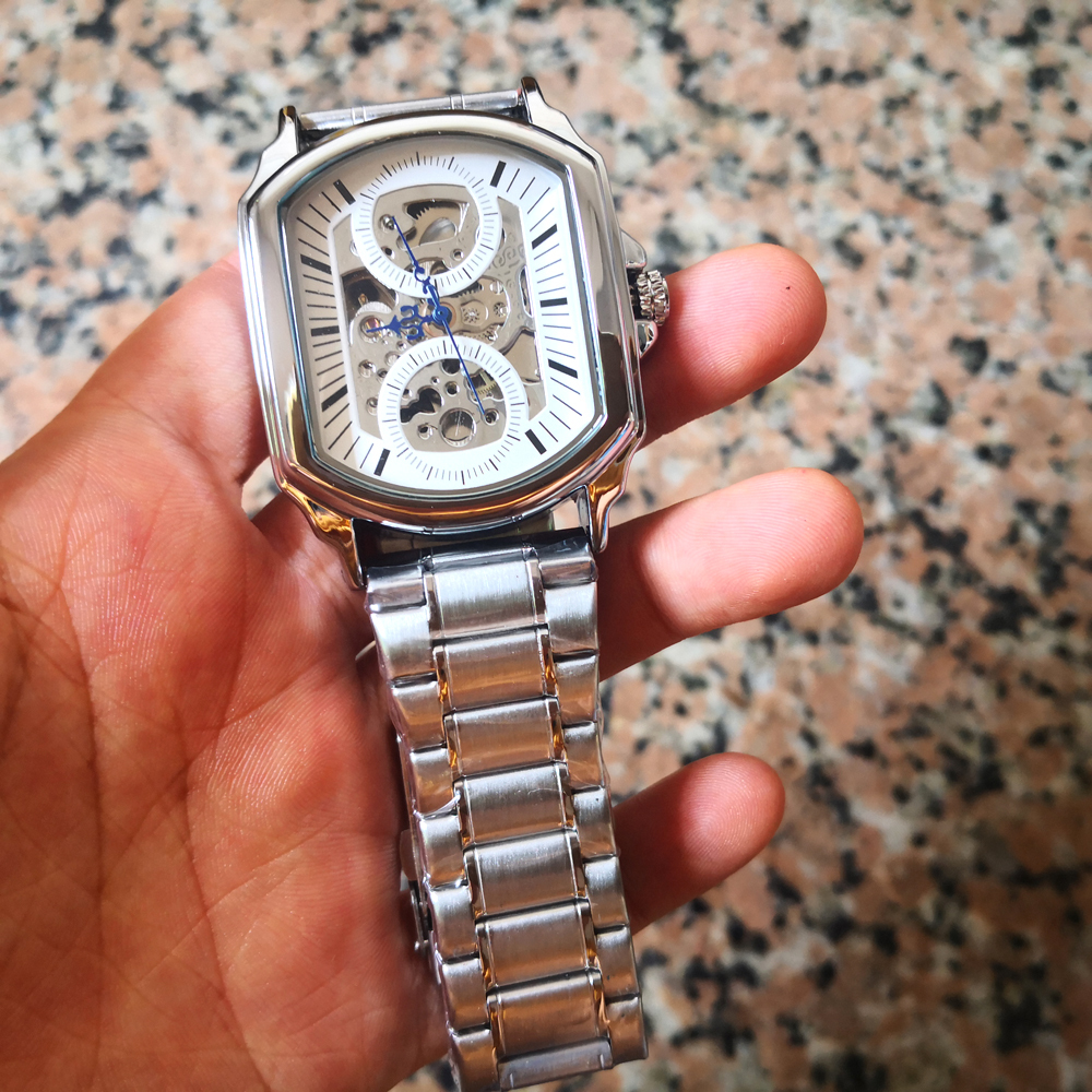 square face skeleton watch