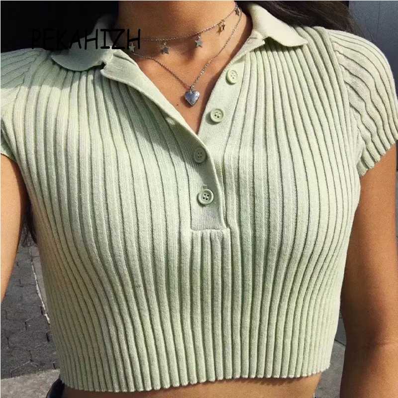 

Women Sexy Knitted Shirts Fashion Slim Lapel Green Ruched Short Sleeve Crop Tops Casual Chic Streetwear Puffover Sweater, Gray