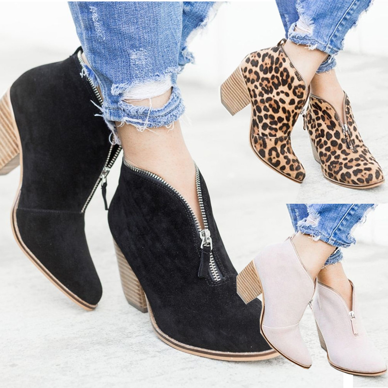 

New Fashion Women Thick Heel Boots Female Spring Flat with Shoes Matte Leather Boots Side Zipper Winter Women, Black