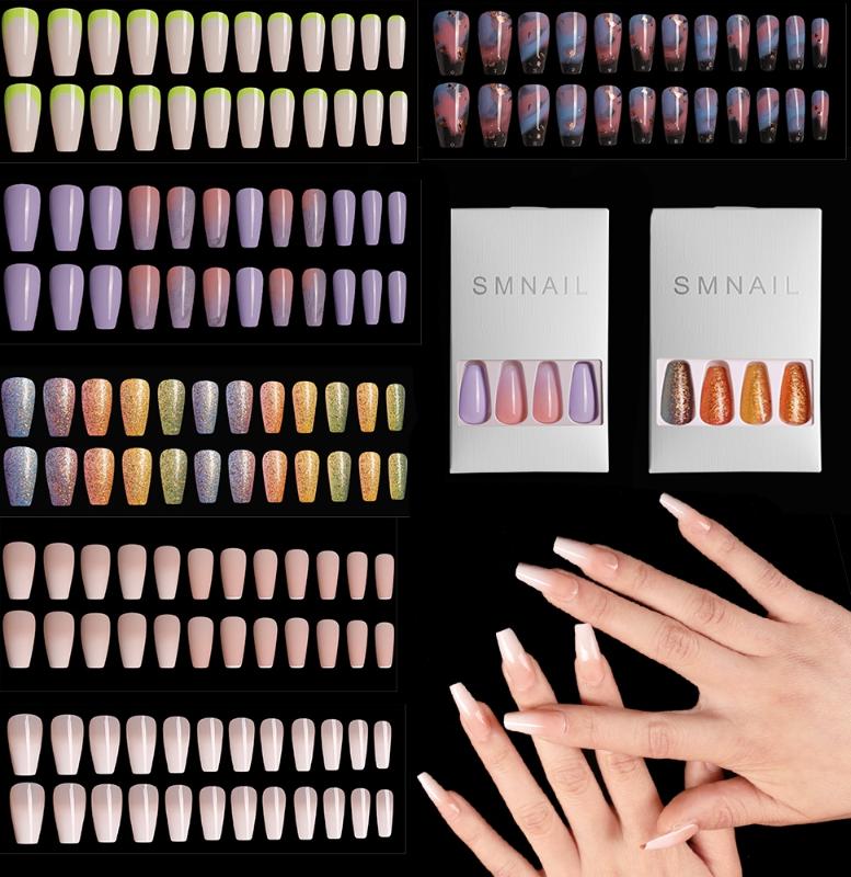 

24Pcs/Set 2020 Popular Dollar Cloud Pattern Long Coffin Fake Nails Rainbow Full Cover False Nail Tips Fashion Women DIY Nails, Nail self glue