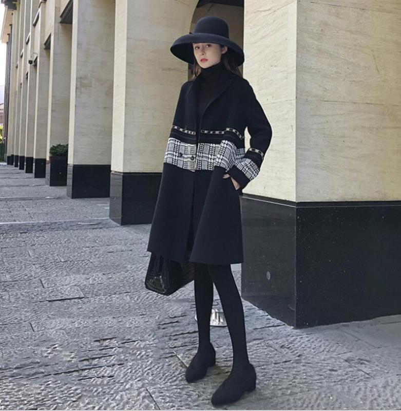 

Women' mid-length woolen coat autumn winter black loose long-sleeved woolen coat high-quality lapel stitching plaid -XXL, As photo 1