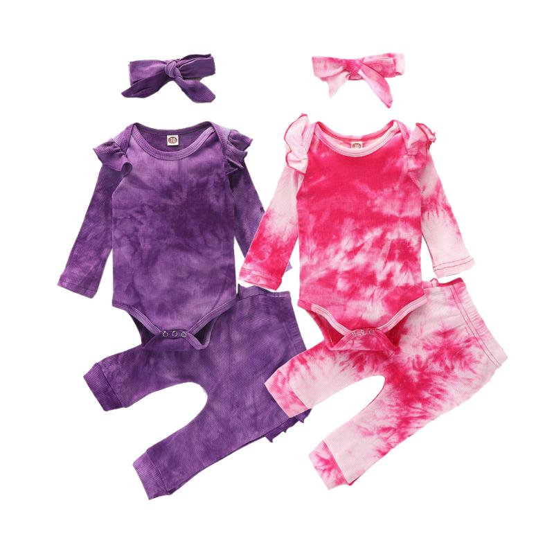 

Fashion Baby Girls Tie-dye Printed Clothes Long Sleeve Romper Tops+Long Pants+Headband Spring Autumn 3PCS Outfits Set, Pink