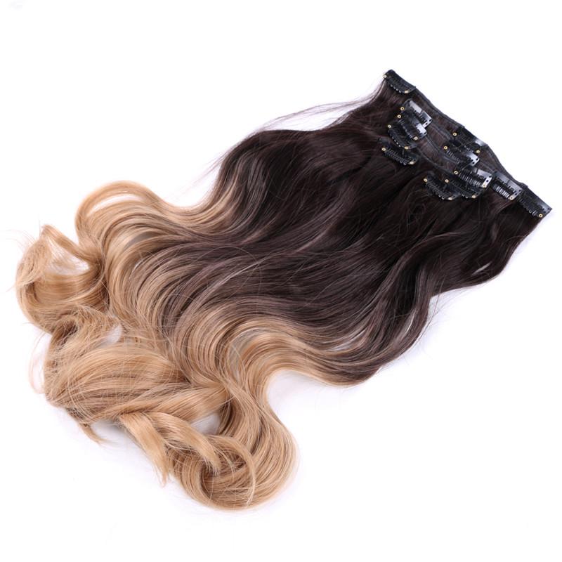 

12 clips Hairpiece Body Wave 22" Synthetic Hair Extensions Clips in High Temperature Fiber Black Brown Women Hair Extensions 130g/pc, 12-25