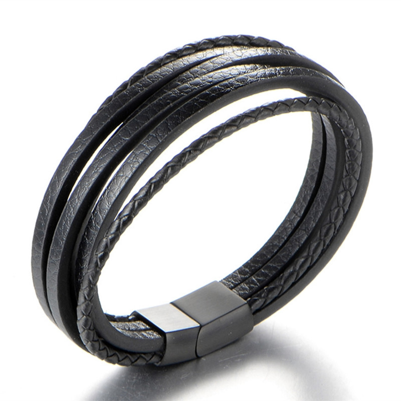 

Men Black Genuine Leather Bracelet Black Stainless Steel Buckle Multilayer Wristband Bracelet Men Jewelry Gift B564