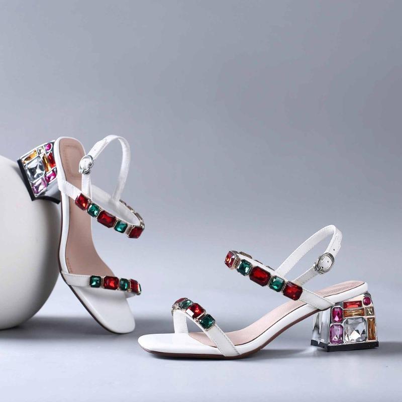 

YD-EVER genuine leather peep toe colorful crystal high heels diamond-studded women dating gorgeous big size sandals L30-a, Green 9.5cm heel