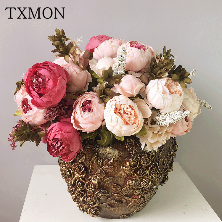 

European-style enamel high-end simulation peony bouquet fake flower core peony home living room Wedding decoration silk flowers, A07