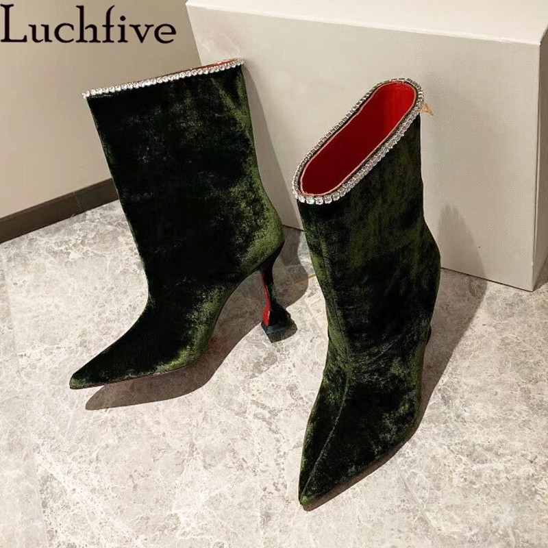 

Sexy Pointy toe Ankle Boots Woman Green Velvet Fringe Rhinestones Strange Goblet heel Designer Slip on Boots Autumn Short, Army green