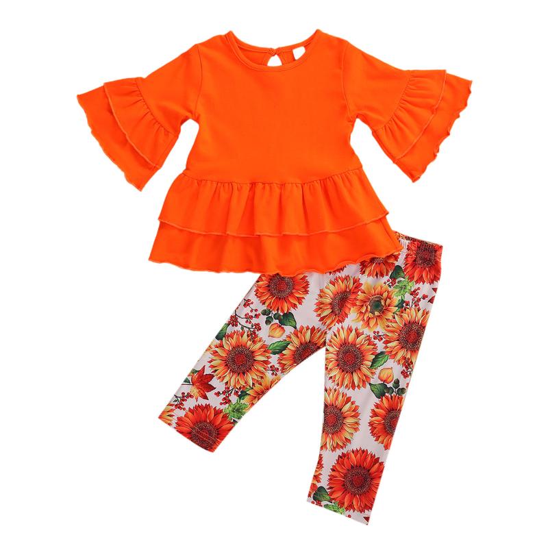 

Infant Kids Baby Girls Solid Ruffled Flare Long Sleeve Tops Shirt Sunflower Pants 2Pcs Spring Autumn Clothes Set, As pic