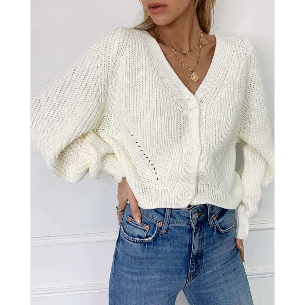 

Cardigan Sweaters Tops Women Autumn 2020 New Knitted Loose Casual Solid Color V Neck Lantern Sleeves Button Jacket Wholesale Hot Sale, White