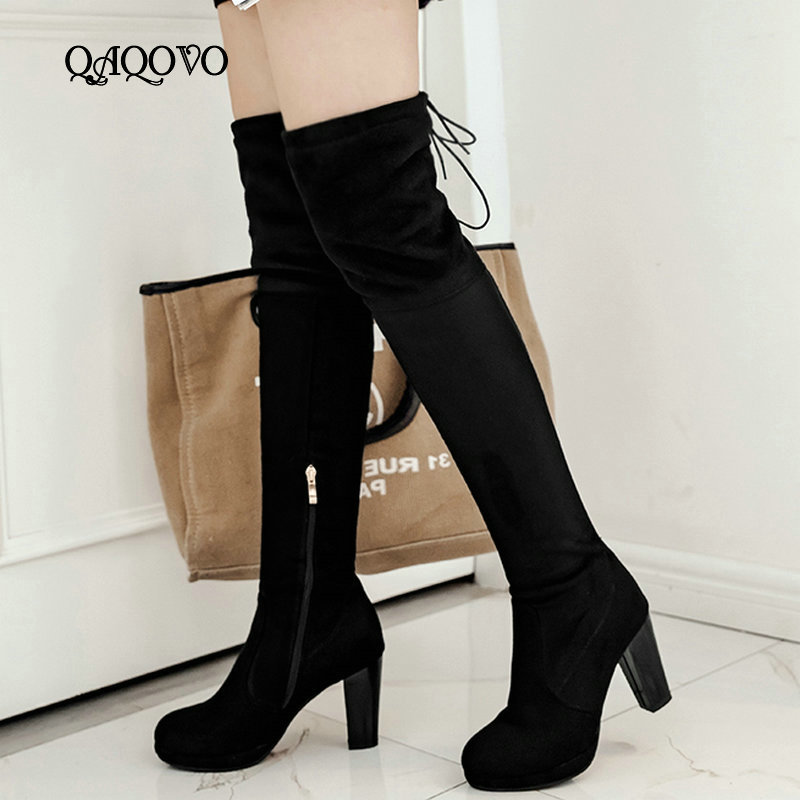 

Women Stretch Boots Over the Knee Boots Flock Leather Sqaure High Heels Thigh Zipper Autumn Winter High Shoes Black