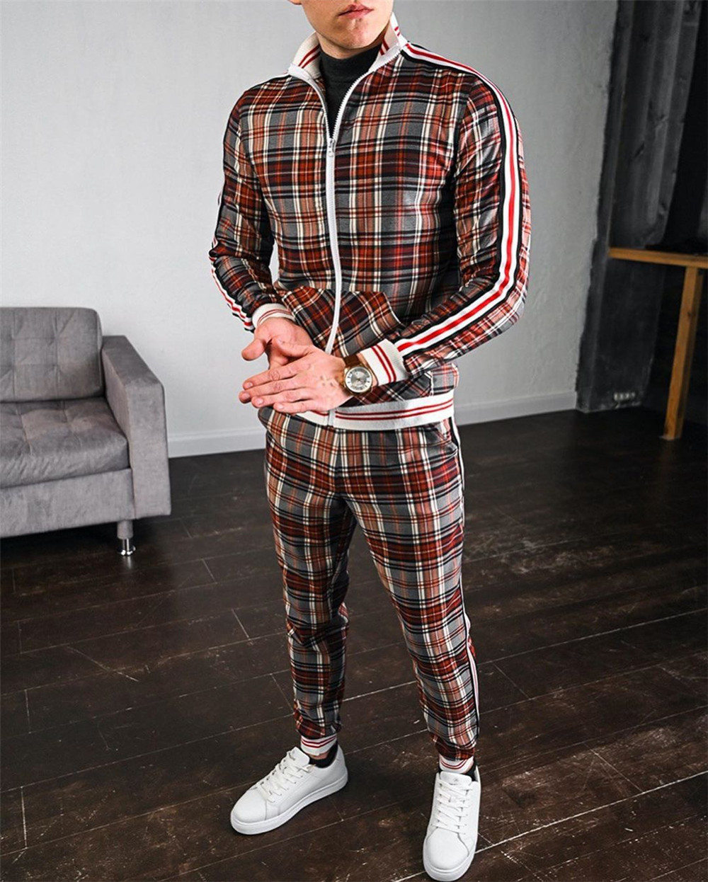 2021 Mens Tracksuit Spring Autumn Fashion Plaid Tracksuit Casual Two