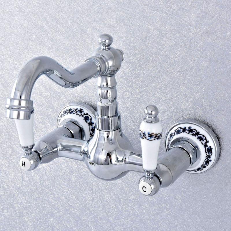 

Polished Chrome Brass Wall Mounted Double Ceramic Handles Bathroom Kitchen Sink Faucet Mixer Tap Swivel Spout Lsf551