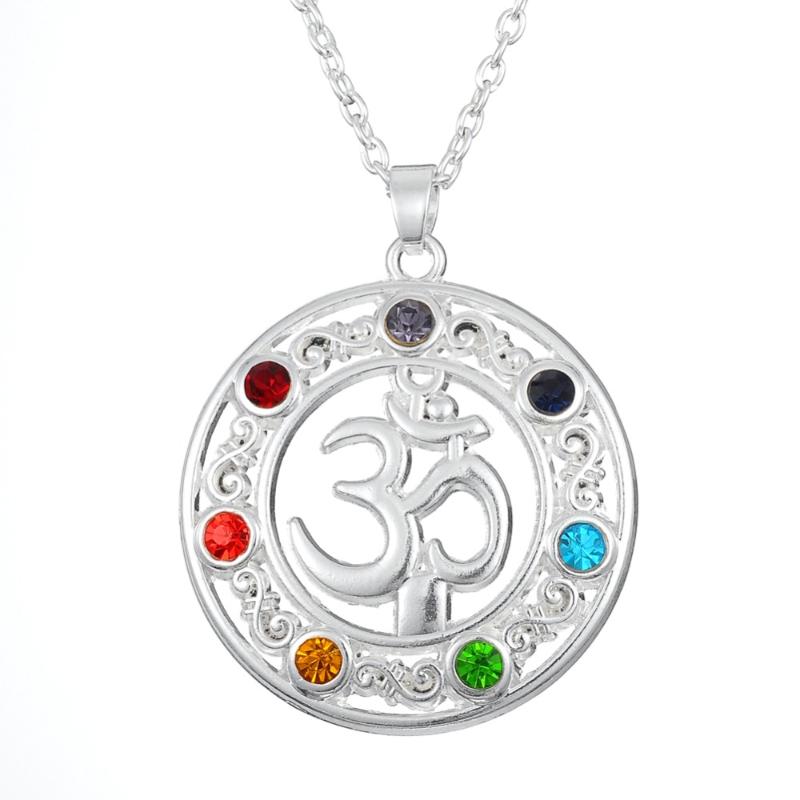 

my shape 7 Chakra Healing Gem Stone Round Shaped Yoga Symbol Ohm Charm Pendant Necklace Jewelry