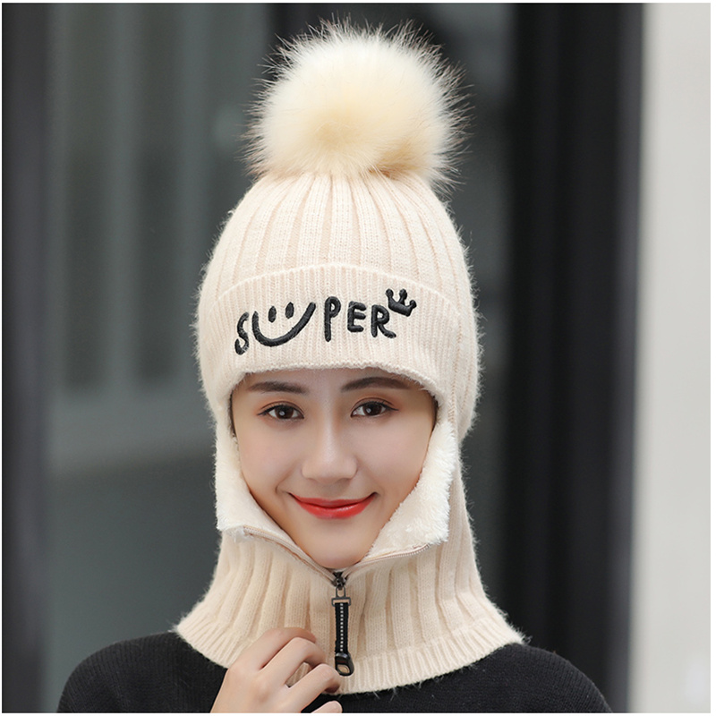 

Hat Female Autumn Winter Knitted Ear Protector Wool Hat Mask Warm Furry Thickened Korean Version Women AD0797, Black