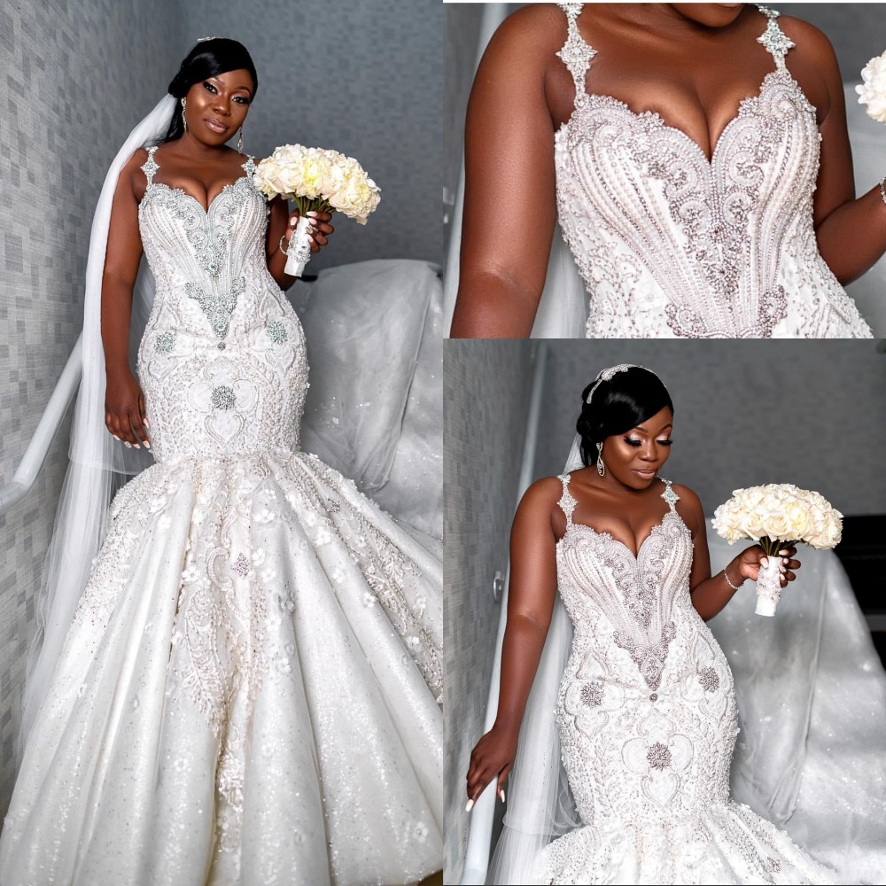 

African Arabic Luxury Mermaid Wedding Dresses Spaghetti Straps Lace Appliques Crystal Beading Pearls Flowers Plus Size Formal Bridal Gowns, White