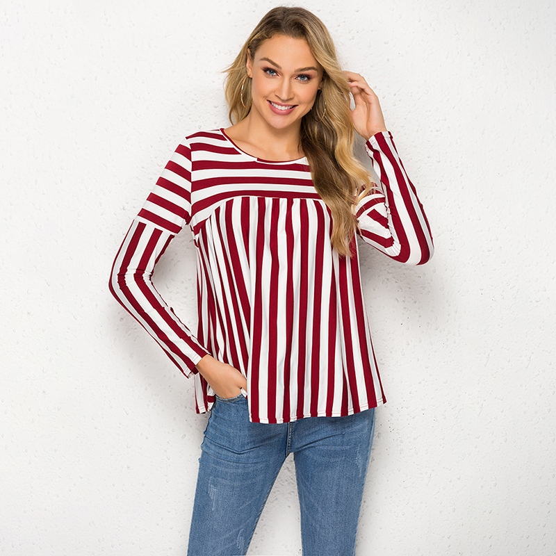 

Fashion Women t-shirt Spring Summer Loose Stripe Split Long Sleeve t-shirt O-neck Ladies Elegant Female Clothing, Wine red and white