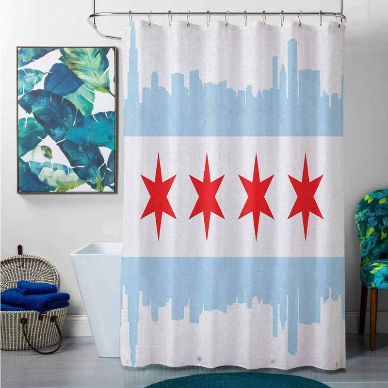 

Shower Curtains Fabric Rustic Chicago Skyline,City of Chicago Flag with High Rise Buildings Scenery National, Red White Baby