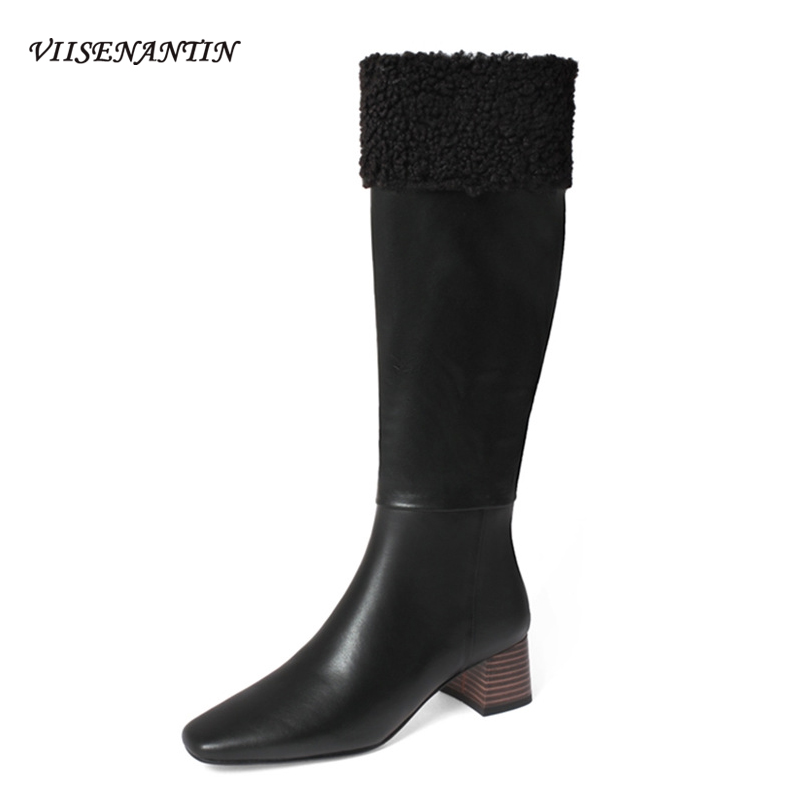 

Korean Fashion Women's Autumn Winter New Knee-length Plush Knight Boots Square Toe Thick Heels Plus Velvet Soft Leather Boots, Black