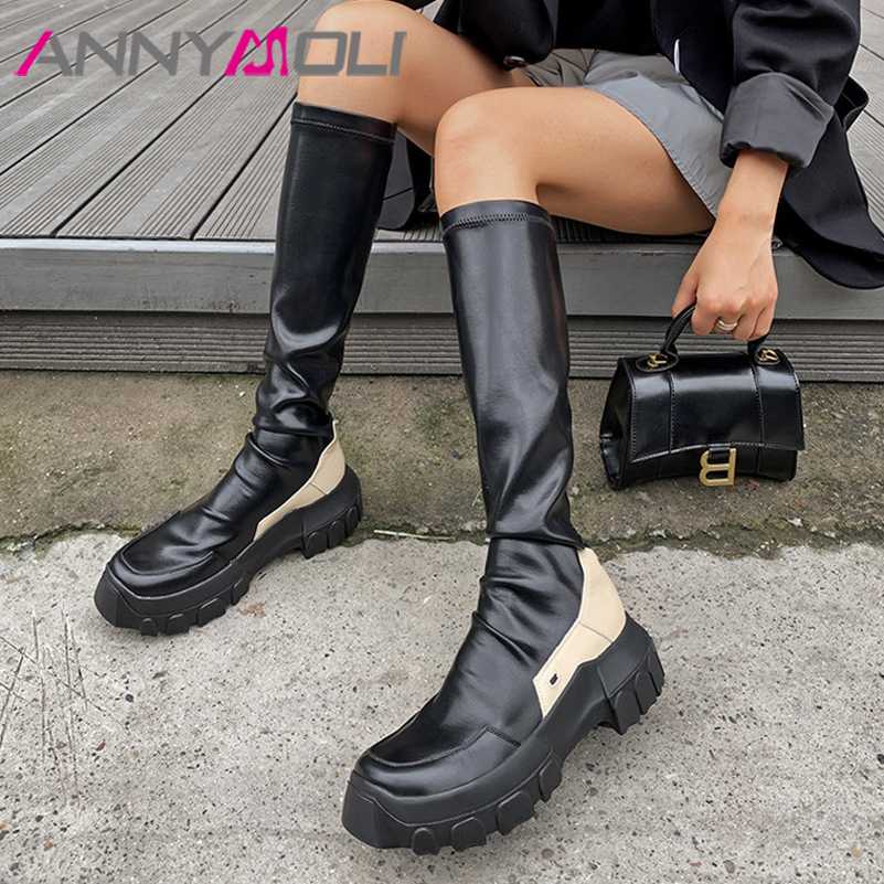 

ANNYMOLI Real Leather Platform Flat Knee-High Boots Women Shoes Round Toe Slip-On Stretch Long Boots Ladies Autumn Black 34-39