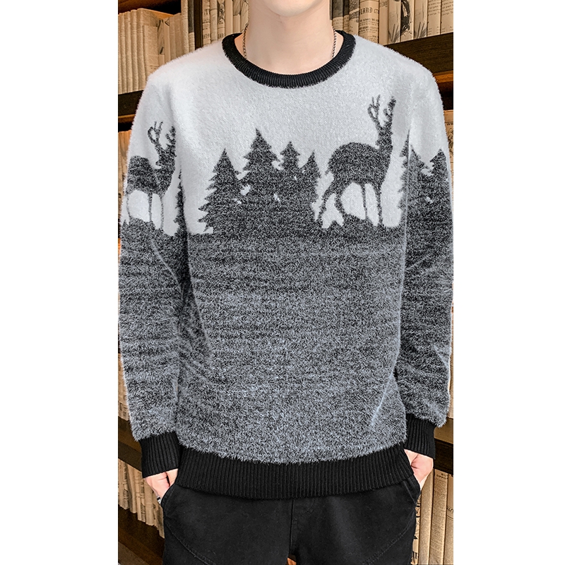 

Crew Neck Long Sleeve Pullover Autumn Streetwear Christmas Tree Deer Print Sweaters For Men Casual O-Neck Slim Male Pullovers, Black pullovers mens