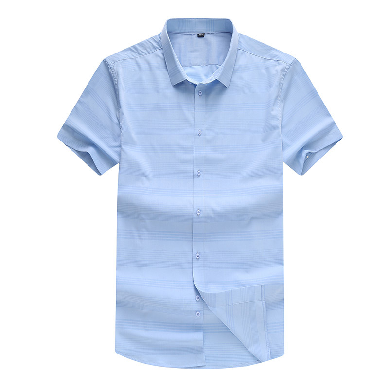 

Smart Casual Fashion Plain Fitted Men Shirt Striped Print Dress Shirt Short Sleeve Summer Turn-down Collar Camisa Masculina, Blue